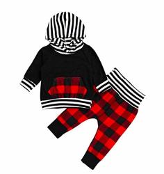Copper Robin Buffalo Plaid Hoodie And Pant Set With Black And White Stripe Accents Red And Black Plaid 6-12 Months