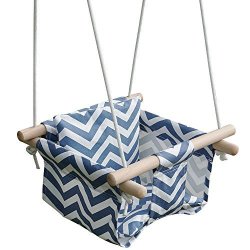 Kinspory Toddler Baby Hanging Swing Seat Secure Canvas Hammock Chair With Backrest Cushion - Installation Accessories Included Blue white Stripes