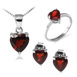 Genuine Garnet Heart Set: Pendant Necklace Earrings Ring .925 Silver 4-6ct