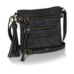 Bohemian Laser Cut Design Faux Suede Perforated Crossbody Bag With Large Tassel Vintage Black