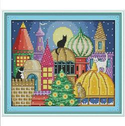 BeAhity Stamped Castle Cross Stitch Kits,Pre-Printed Castle Cats Full Range of Embroidery 11CT 12.6 X 14.9 inch,Christmas Cross-Stitch Supplies Needlework