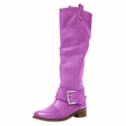 Dainzuy Women's Knee High Riding Boots Ladies Fashion Winter Buckle Thick Flat Heels Leather Boots Purple