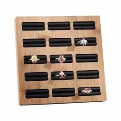 Bamboo Wooden Ring Display Tray 15 Slots Square Large Capacity Leather Insert Jewelry Storage Holder Earring Showcase Organizer For Drawer Dresser Stackable