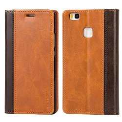 Huawei P9 Lite Case Mulbess Bookstyle Leather Wallet Case Cover With Kick Stand For Huawei P9 Lite Brown