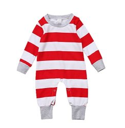 Newborn Baby Boys Girls Long Sleeve Christmas Striped Romper Pyjamas Outfit 0-3 Months Red