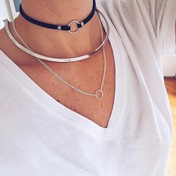 KercisBeauty Summer Beach Boho Multi Layer Open Circle Black Cloth Choker And Alloy Silver Choker With Open Circle Pendant Gold Necklace Birthday Anniversary Gift