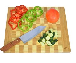 Vina Large Bamboo Cutting Board 14" X 11" Thick Kitchen Chopping Board Serving Platter With Handle Wooden Butcher Block Checker Pattern