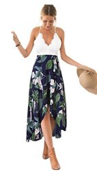 Blooming Jelly Women's Sleeveless Deep V Neck Spagehtti Strap Halter Criss Cross Summer Asymmetrical Floral Party Maxi Dress L Multicolor