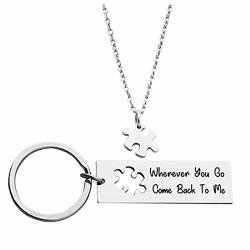 Ankiyabe Wherever You Go Come Back To Me Keychain And Necklace Set Couples Jewelry Going Away Gift For Boyfriend Husband Gift Keychain & Puzzle Piece Necklace-silver