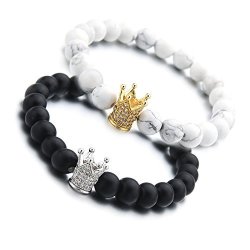 Couples His & Hers Bracelet Black Matte Agate & White Howlite 8MM Beads Bracelet Crown Bracelet Distance Bracelet