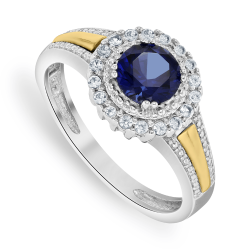 Yellow Gold & Sterling Silver Diamond & Created Blue Sapphire Round Ring