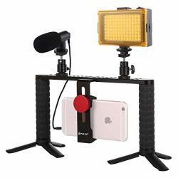 PULUZ 4 In 1 Live Broadcast LED Selfie Light Smartphone Video Rig Handle Stabilizer Aluminum Bracket Kits With Microphone + Tripod Mount + Cold Shoe Tripod Head
