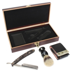 Metal Manual Straight Razor Shaver Shaving Knife Leather Strop Brush Wooden Box Kit