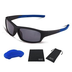 Duco Kids Sports Style Polarized Sunglasses Flexible Frame For Boys And Girls K006 Black Frame Navy Blue Temple Grey Lens 55