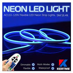 Kertme Neon LED Type Ac 110-120V LED Neon Light Strip Flexible waterproof dimmable multi-modes LED Rope Light + 23 Keys Remote For Home garden building Decoration 16.4FT 5M Blue