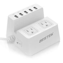 Iselector 40W 8A 5-PORT USB And 100-250V 1700 Joule 2-OUTLET Power Strip Surge Protector Charging Dock Station With 5-FEET Cord White