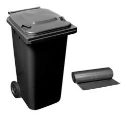 240L Sabs Approved Wheelie Plastic Waste Bin - Black & 10 Pack Refuse Bags