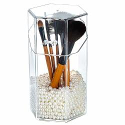 Yoelrsa Cosmetic Brush Holder With Free Pearl Transparent Acrylic Makeup Box With Dustproof Cover Large Size Hexagon Beige