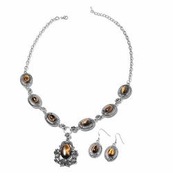 Shop Lc Delivering Joy Earrings Necklace Set Oval Tigers Eye Black Oxidized Silvertone & Stainless Steel Costume Jewelry For Women Size 22