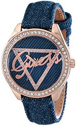 Guess Women's U0456l6 Iconic Logo Watch With Denim Leather Strap & Rose Gold-tone Case Blue