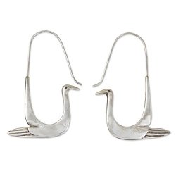 NOVICA .925 Sterling Silver Bird Themed Hoop Earrings 'silver Dove' 23MM Wide By 46MM Long