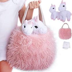 Unicorn Plush Play Set 4 Pcs. Baby And Mommy Unicorns XL Pink Furry Bag Pet Carrier And Baby Unicorn Blanket. Adorable Plush Toy Game