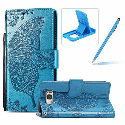 Herzzer Strap Leather Case For Samsung Galaxy S8 Wallet Cover For Samsung Galaxy S8 Classic 3D Blue Butterfly Flower Print Relief Magnetic Stand Case