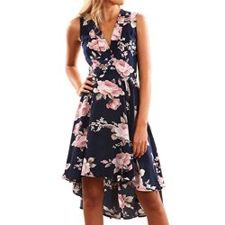 Aimik Elegant Summer Dresses Deep V Neck Sleeveless Asymmetrical Boho Floral Maxi Dress Dark Blue Large