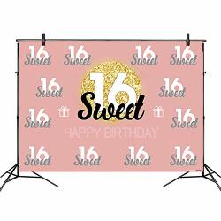 7 X 5 Ft Pink Sweet 16 Happy 16 Birthday Photography Backdrop For Boy Or Girl 16TH Birthday 16TH Anniversary - Durable Fabric Happy