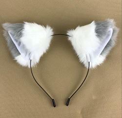 Happylifehere Long Fur Cat Fox Ears Headband Hairband Lolita Cosplay Costume Halloween Kitty Fancy Dress Gray With White