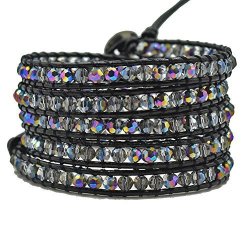 Multi-layer Braided Leather Wrap Bracelet With Sparkly Faceted Crystal Beads 5 Wrap Multi-color