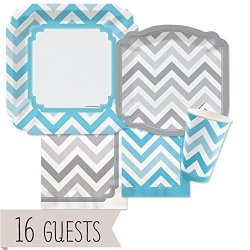 Big Dot Of Happiness Chevron Blue And Gray - Party Tableware Plates Cups Napkins - Bundle For 16