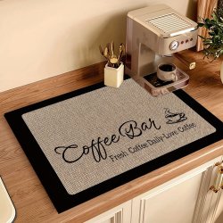 Vintage Coffee Print Linen-look Dish Drying Mat - Super Absorbent Stain-hiding With Non-slip Rubber Backing For Kitchen Countertops & Appliances