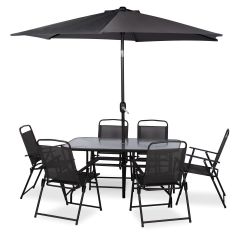 Hazlo 8 Piece Outdoor Folding Dining Round Glass Patio Table Chair Set With Umbrella - Black