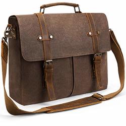 Fresion Men's Leather Messenger Bag - Waxed Canvas Briefcase Fits 15.6" Laptops