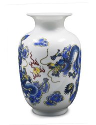 Dahlia Chinese Dragon Motif Blue And White Porcelain Flower Vase 9 Inch Melon Shaped