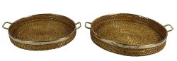 Round Handcrafted Serving Decorative Wooden Wicker Trays With Side Handles Set Of 2 PWN-CB50A