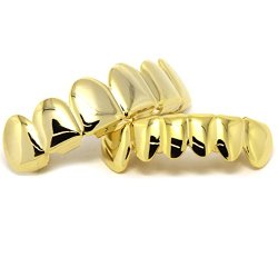 New Custom Fit 14K Gold Plated Hip Hop Teeth Grillz Caps Top & Bottom Grill Set