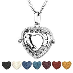 Top Plaza Aromatherapy Essential Oil Diffuser Necklace Antique Silver Heart Shape Locket Pendant With 7 Dyed Lava Rock Tartan
