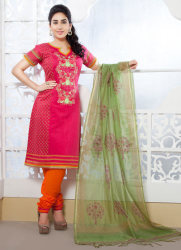 Deep Pink Shade Chanderi Silk Churidar Suit. Resham Embroidered Foliage Motifs - Size 38-42