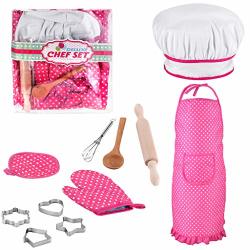 Certainpl 11-PIECE Kids' Chef Kit For Girls - Chef Costume Cooking And Baking Set Includes Apron Chef Hat Mitt & Utensil Pink