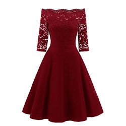Hot Clearance Todaies Women New Vintage Lace Patchwork Off Shoulder Cocktail Party Retro Swing Dress XL Red