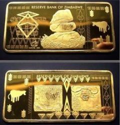 Zimbabwe 100 Trilion Dollars Banknote Gold Clad Brass Bar 43 Grams