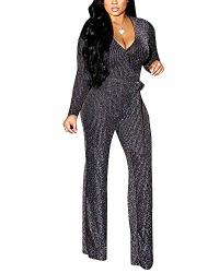 Aro Lora Women's Glitter V Neck Long Sleeve One Piece Wide Leg Jumpsuits Rompers XXL Sliver