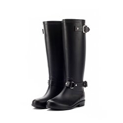Colorxy Womens Stylish Snow Rain Waterproof Tall Wellies Adjustable Buckle Strap Knee High Zip Rain Wellington Boots