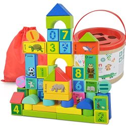 Wooden Building Blocks Toys 60 Pcs Toddler Stacking Toys Pre-school Learning Educational Toy For Kids Baby Boys Girls Age 2 3 4 5 6 7 8 Year Old