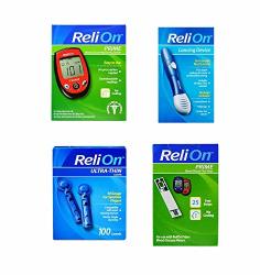 Relion Prime Blood Glucose Monitoring System Relion Lancing Device Relion 30G Ultra-thin Lancets 100-CT Relion Prime Blood Glucose Test Strips 25-CT Bundled Set Of 4