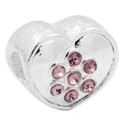 European Style - Antique Silver - Heart - Spacer Beads - Pink Rhinestones