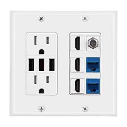 POWER 2 Outlet 15A With Dual 2.4A USB Charger Port Wall Plate With LED Lighting Dbillionda 3 HDMI Hdtv + 2 CAT6 RJ45 Ethernet