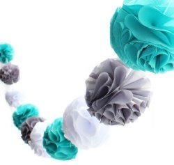 Fabric Pom-pom Garland In Turquoise Grey And White